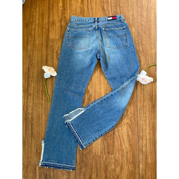Vintage Tommy Hilfiger Straight Jeans Women's 7 Rare Raw Frayed Hem Side Slits - Picture 2 of 12